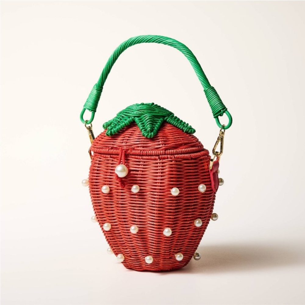 Kate Spade Strawberry Wicker Handbag with Green Handle - Picture 2 of 5